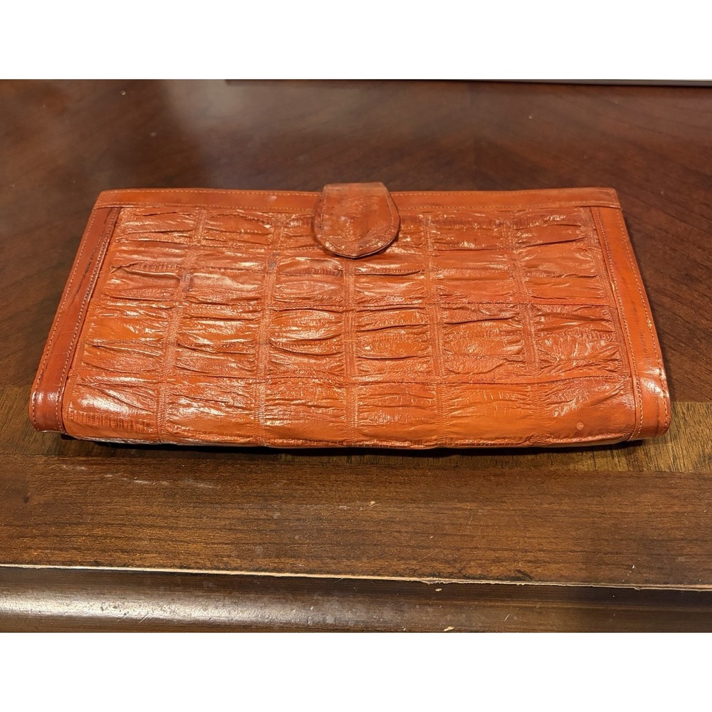 Vtg EEL SKIN Wallet Clutch Bag~Orange Multi pocket Snap Fits a Phone~8.5x5 Korea